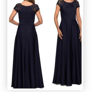 La Femme 28100  Gown Dress Navy Pleats Laced Cap Sleeves Long 8 NWT $378